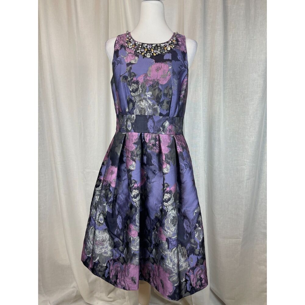 Eliza J Floral Brocade Fit & Flare Dress Embellished Neckline Cocktail Party 8